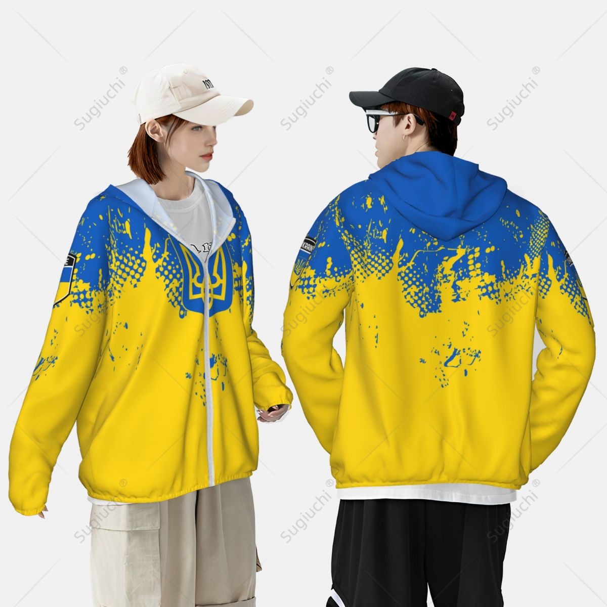 Protetor solar de poliéster com zíper, manga comprida, roupas para pesca, ciclismo e corrida, proteção solar, bandeira da Ucrânia, secagem rápida