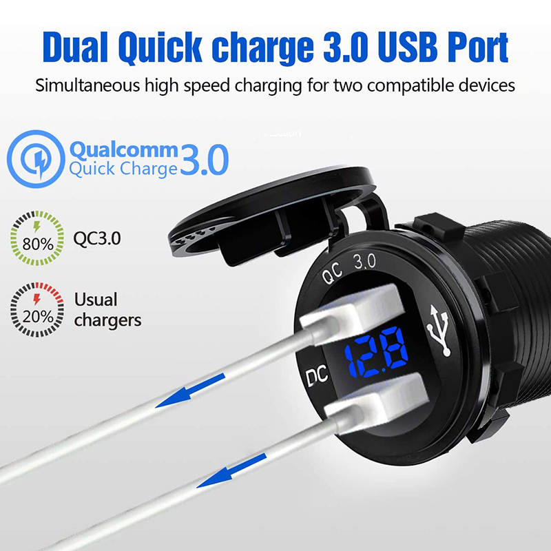 Schnellladegerät Aluminium QC3.0 Dual USB Autoladegerät mit Schalterknopf LED Spannungsanzeige für 12V/24V Autos Boote Motorrad
