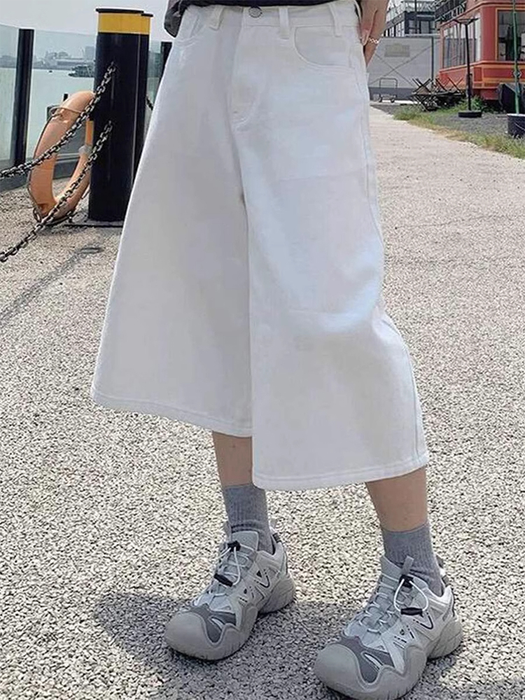 orts de Denim Branco de Perna Larga para Mulheres, Verão, Estilo Americano Retro, Cintura Alta, Soltos, Emaecendo, Tamanh...