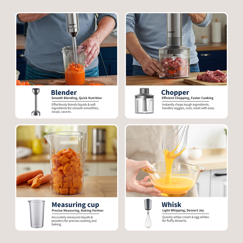 Ręczny blender zanurzeniowy 4 w 1, blender do żywności dla niemowląt z blokadą bezpieczeństwa, ostrze ze stali nierdzewnej, MAX 1200W