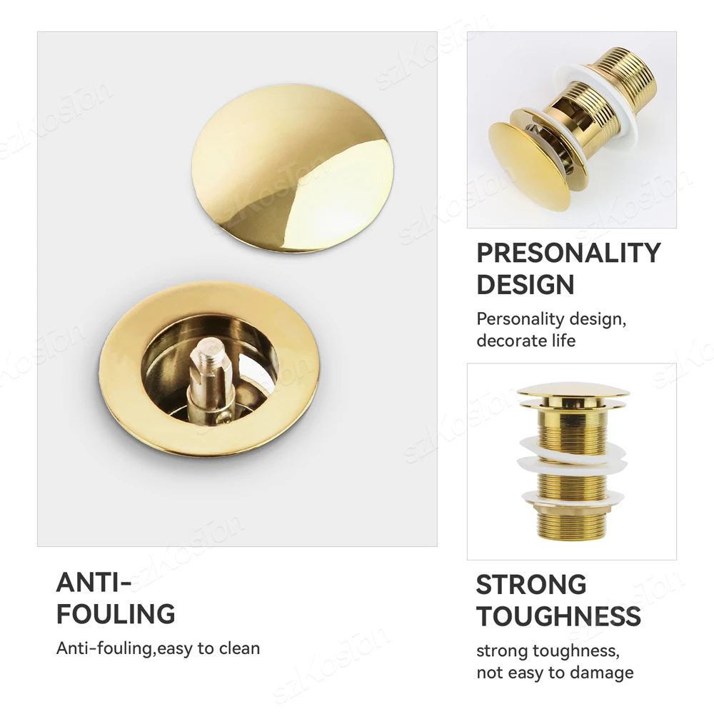 Gold Pop Up ปุ่มท่อระบายน้ําห้องน้ําอ่างล้างจานปลั๊ก Drainer Siphon ขยะอ่างล้างหน้าก๊อกน้ําอุปกรณ์เสริมอ่างล้างหน้าท่อสีดํา