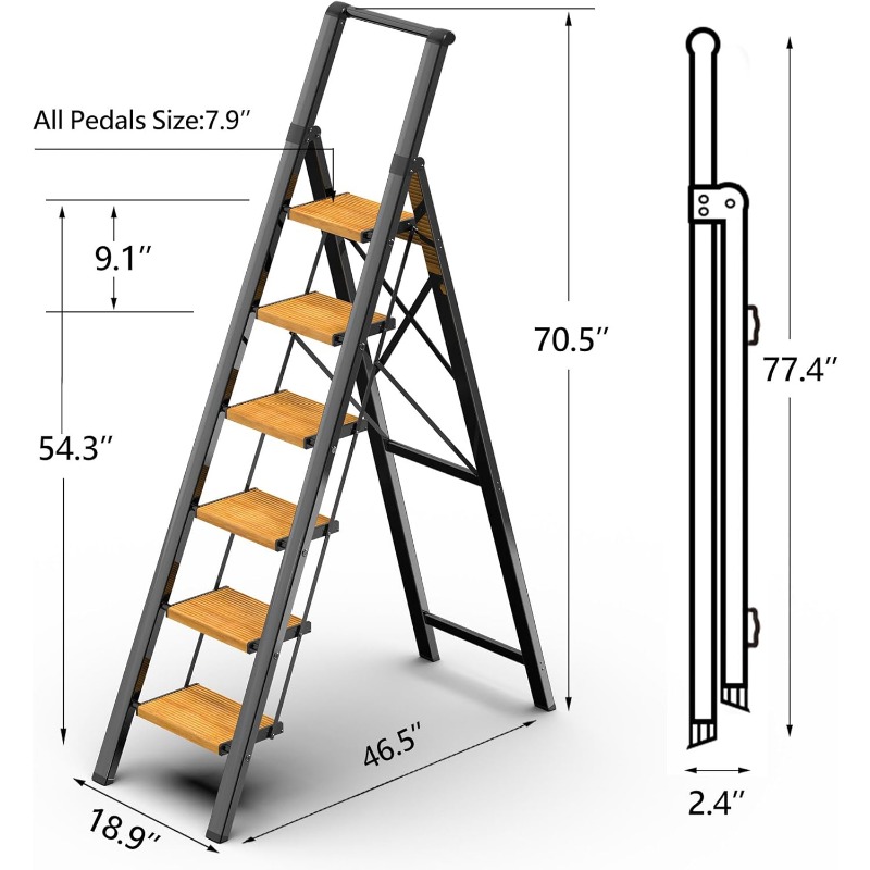 6 Step Ladder for 12 Feet High Ceiling, Lightweight Aluminum Folding Step Stool with Convenient Handgrip, Stepladders With
