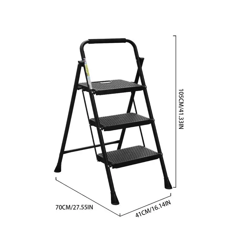 Step Ladder Ergonomic Step Stool with Handle Foldable Ladder Non-slip 3-Step Portable Step Ladders Wide Pedals Closet Stool