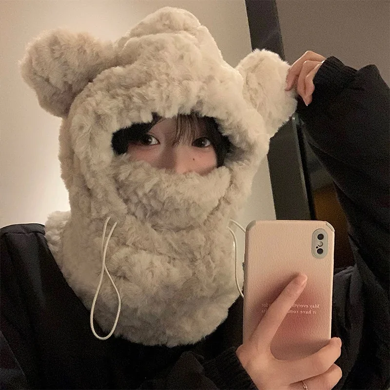 女性の冬暖かい帽子スカーフセットぬいぐるみ肥厚オールインワンかわいいクマ耳ビーニー防風スカーフフード付き耳保護キャップ