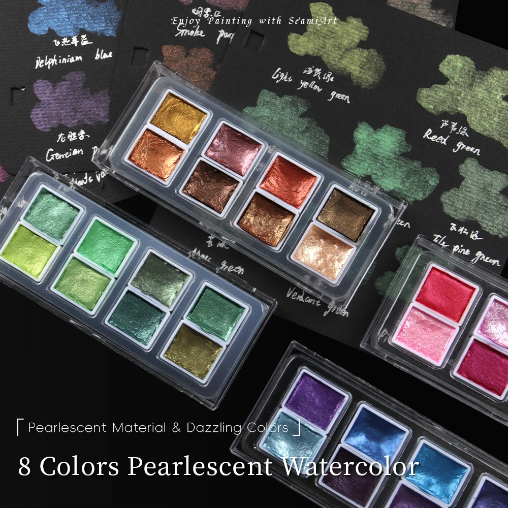 SeamiArt 8/12 colori portatile Glittery Metallica Set di pittura ad acquerello solido per forniture artistiche per pittura a colori ad acqua