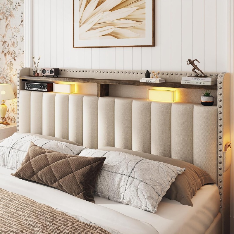 Queen Bed Frame with 3 Drawers,2-Tier Shelves,Easy Assembly,No-Noise,Beige,home.