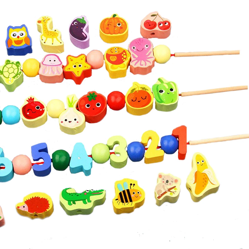 ของเล่นไม้เด็ก DIY ของเล่นการ์ตูนผลไม้สัตว์ Stringing Threading ลูกปัดไม้ของเล่น Montessori การศึกษาสําหรับเด็ก
