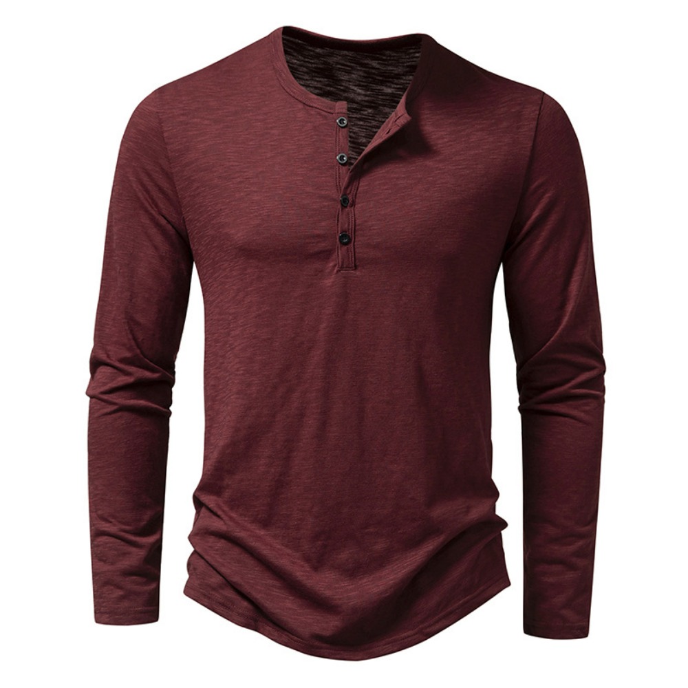 Herren-Hemd aus Baumwolle mit Henley-Ausschnitt, langärmelig, lässig, mit Knöpfen, einfarbig, modische T-Shirts