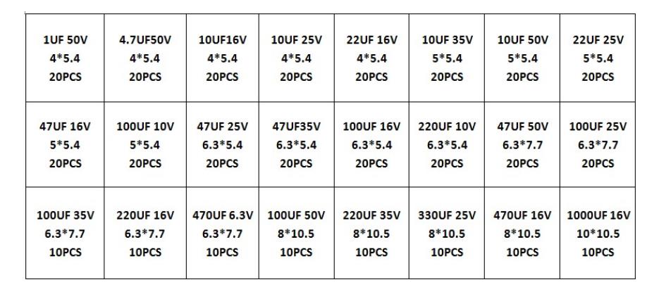 Kit de sortimento de capacitores eletrolíticos de alumínio SMD 400 unidades 24 valores SMD 1uF ~ 1000uF 6,3V-50V 24 Valor com caixa