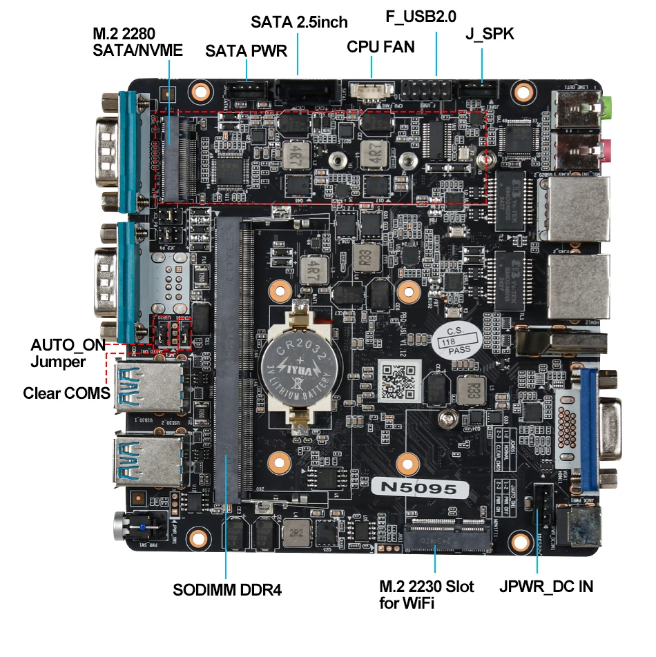 Fanless Industrial Mini PC Intel Celeron N5095 2x COM RS232 2x Gigabit Ethernet 4xUSB WiFi Support Windows Linux OpenWrt