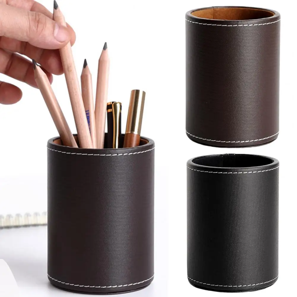 Pen Container Large Capacity Simple Style Compact Size Save Space Faux Leather Round Pen Holder Desktop Stationery Storage Box