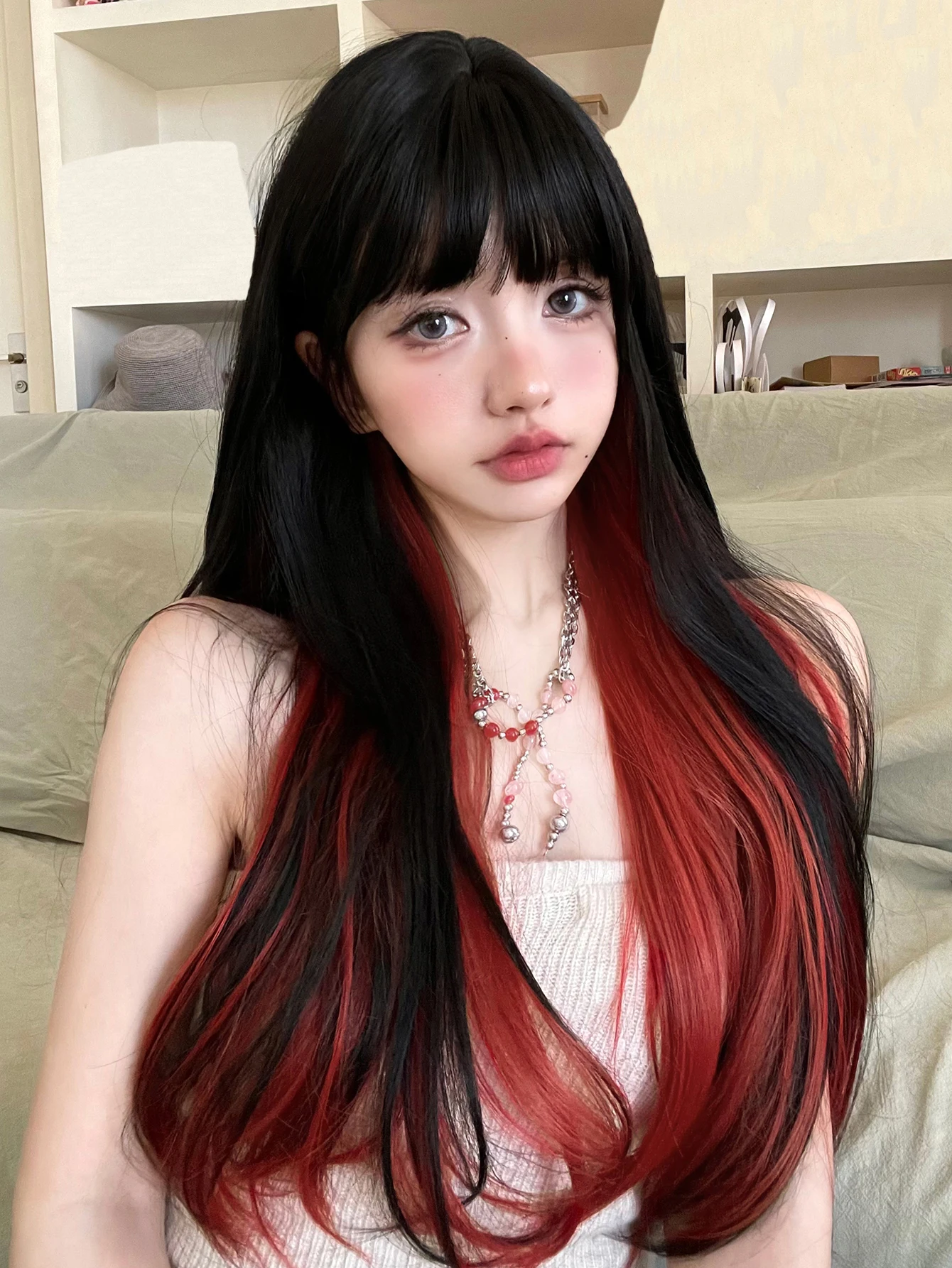女性のための長くて滑らかなヘアウィッグ,人工毛,接着剤付き,日常使用,コスプレ,耐熱性,26インチ