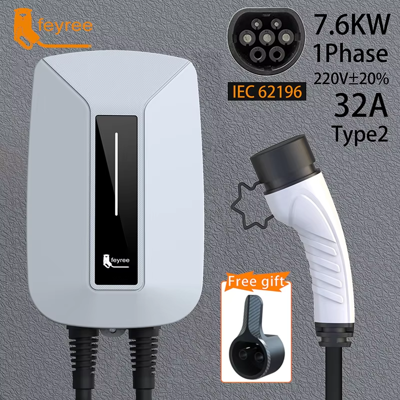 Feyree-cargador EV tipo 2, enchufe EVSE Wallbox 32A, 7KW, enchufe de IEC62196-2, Cable monofásico de 5m, estación de carga de montaje en pared para coche eléctrico