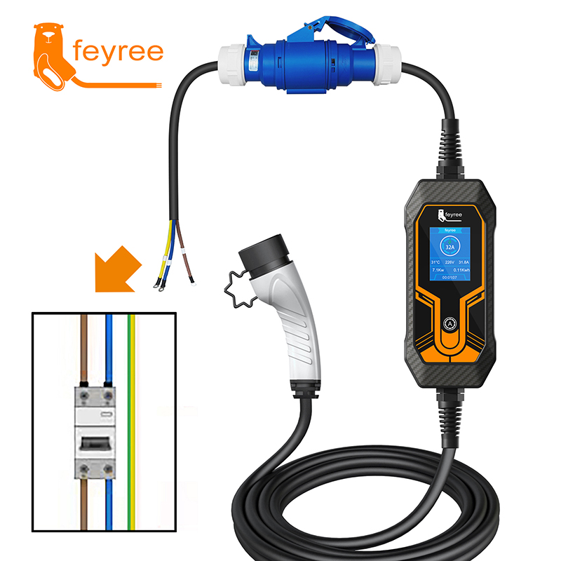 Feyree-cargador EV CEE hembra, adaptador de 3 pines, conexión impermeable, enchufe de montaje en pared, 32A, 1 fase, 7KW, cargador portátil