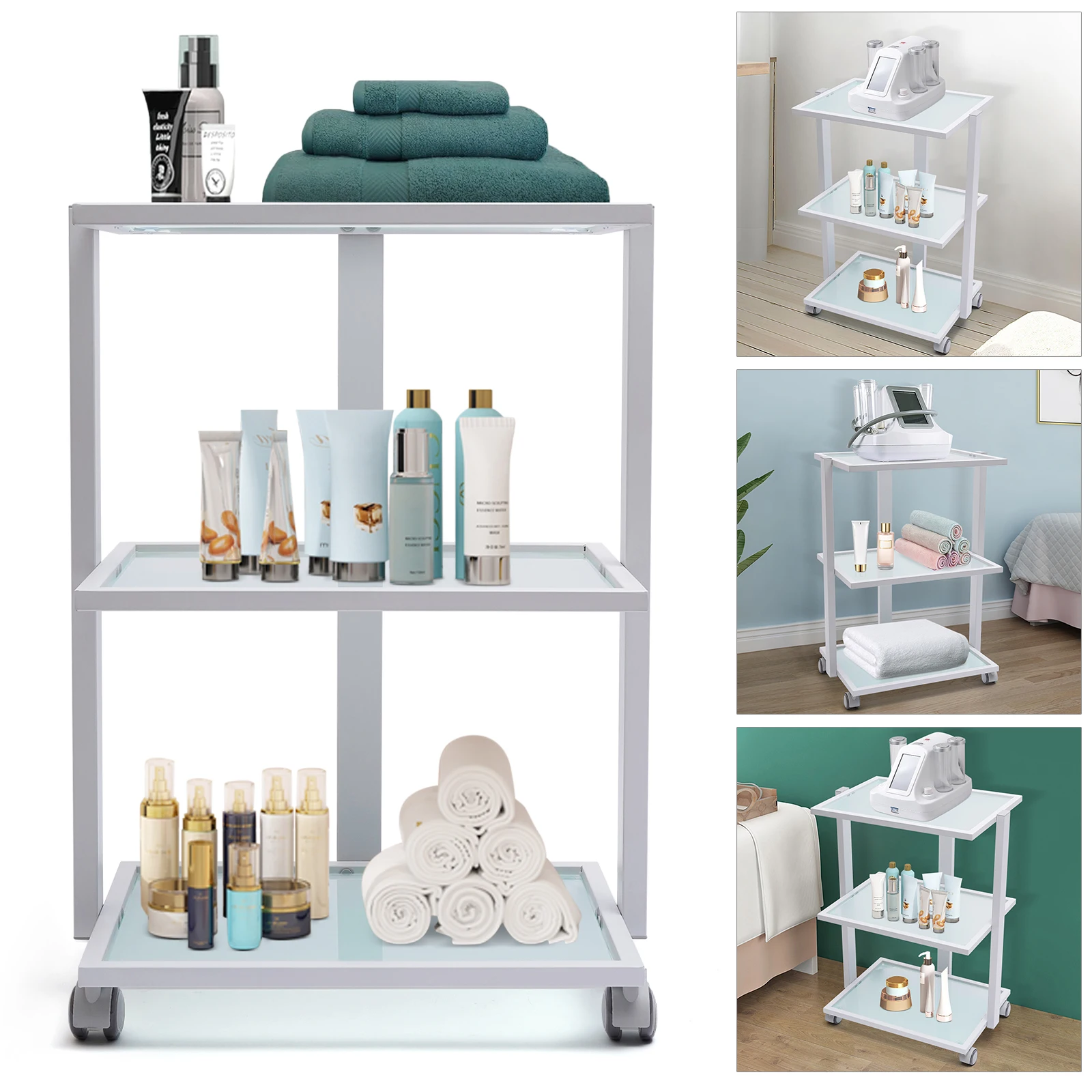 Salon Trolley Rolling Cart Beauty Tray Treatment Instruments Machine Organizer on Wheels 3 Tiers