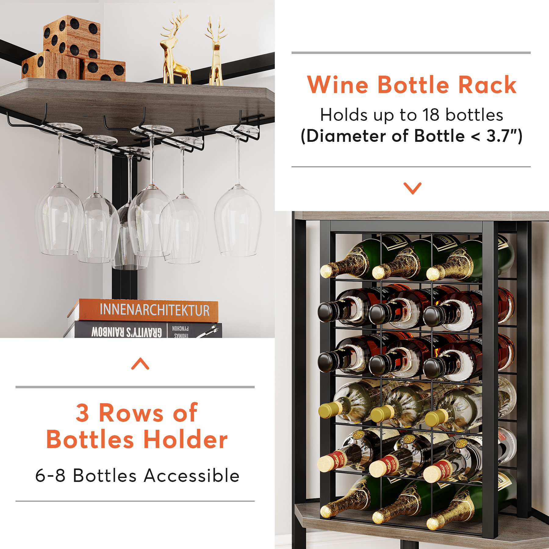 Tribesigns Corner Wine Rack with Glass Holder and Storage Shelves, Industrial 4 Tier Corner Wine Shelf for Living Room
