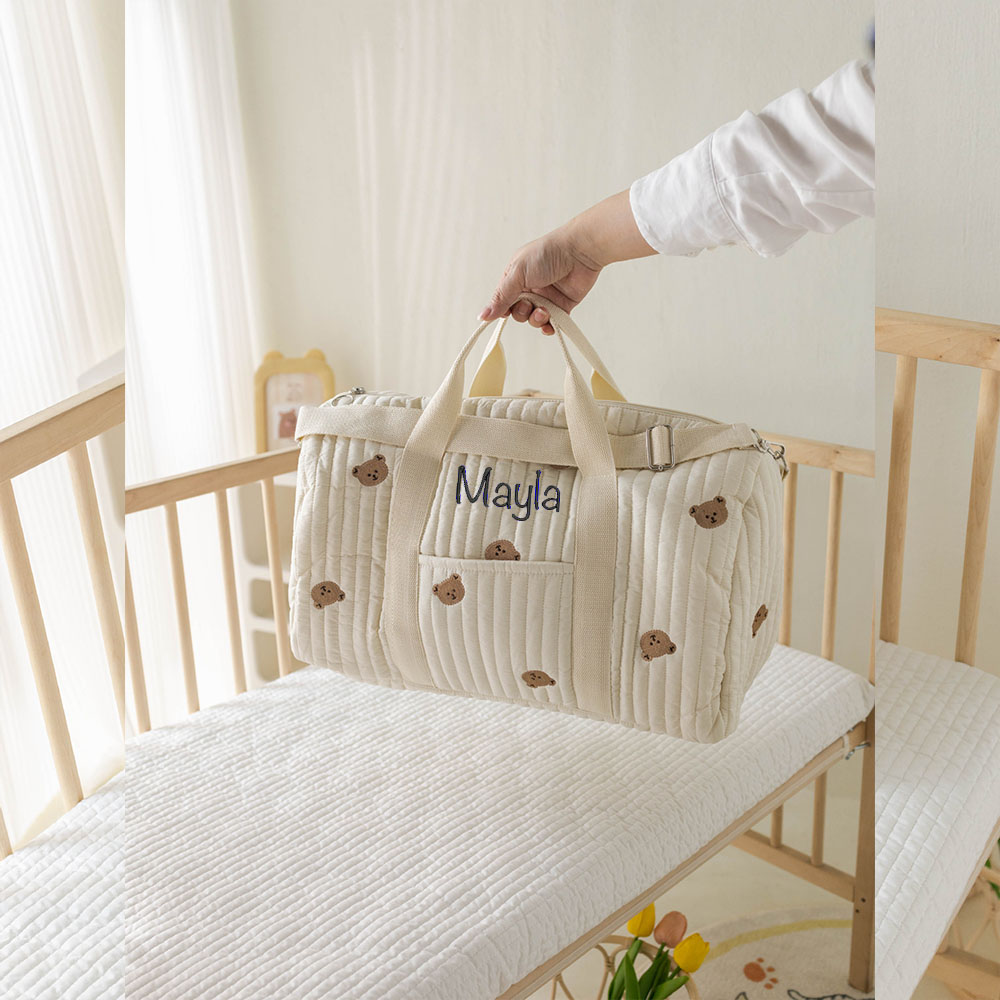 Bolsa de mamãe personalizada com nome, bolsa de mãe e bebê de ursinho, bolsa de armazenamento de saída de grande capacidade, bolsa crossbody portátil bordada