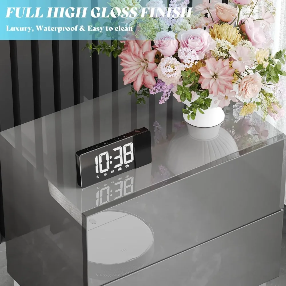 Modern Minimalist Nightstand Set of 2, 24" High Gloss Electroplated Sofa Side Table with 2 Magnetic Storage Drawers, Rectangula