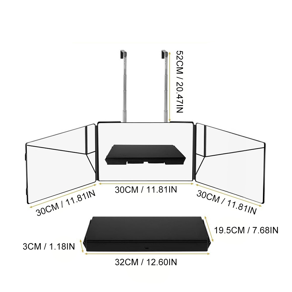 Black Portable 360 Trifold Mirror Adjustable Height for Men and Women Self Hair Cutting Makeup Essential Fordable Vanity Mirror