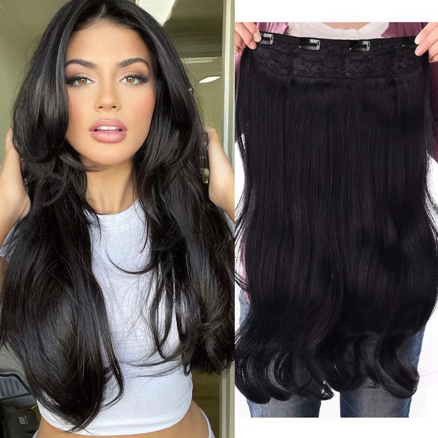 24-Zoll-synthetische lange gewellte lockige Clip-in-Haarverlängerungen für Frauen mit verstellbaren 4 sicheren Clips in einem Haarteilen