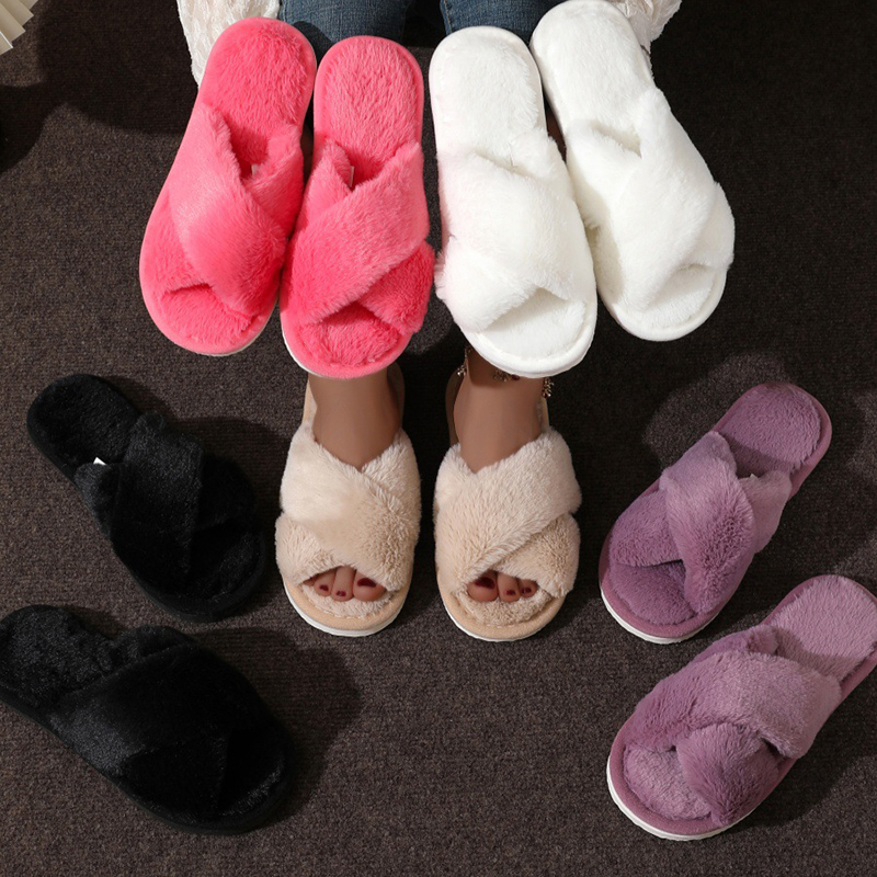 Moda damska Puszyste kapcie Cross Band Miękkie pluszowe przytulne buty domowe Furry Open Toe Indoor Outdoor Slip Warm Anti Skid Sole