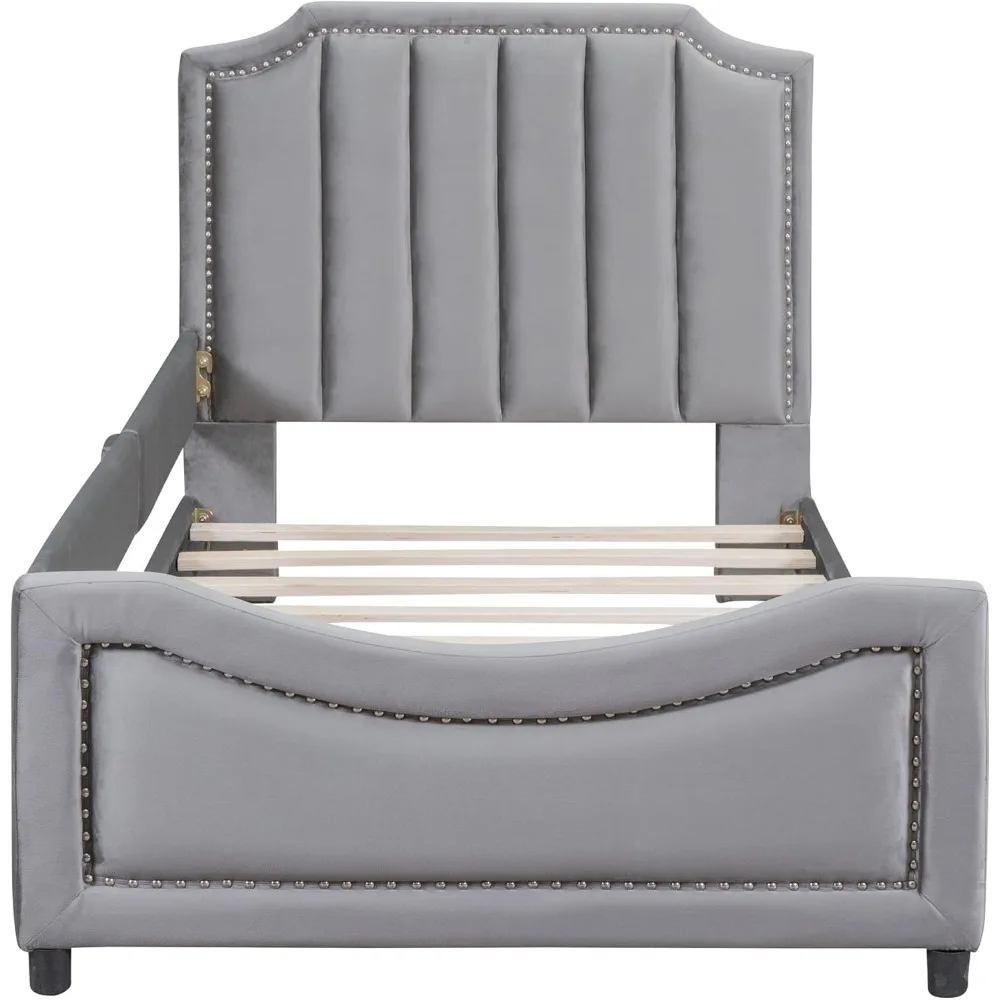Gray Twin Size Bed Frame for Kids, Upholstered Twin Daybed with Classic Stripe Shaped Headboard, Velvet Twin Platform Bed