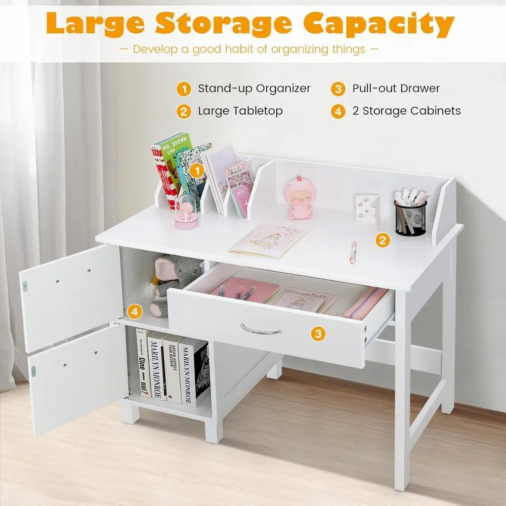 Kids Desk and Chair Set, Wooden Children School Study Table and Chair w/Drawer, Storage Shelf & Cabinets