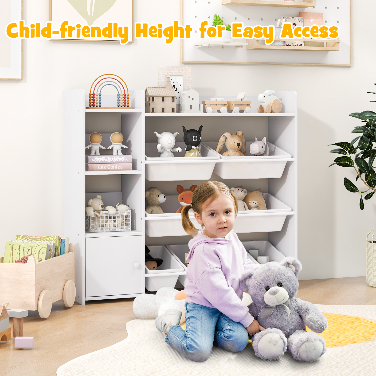 4-Tier Kids Toy Storage Organizer Bookshelf with 8 Toy Organizer Bins Door