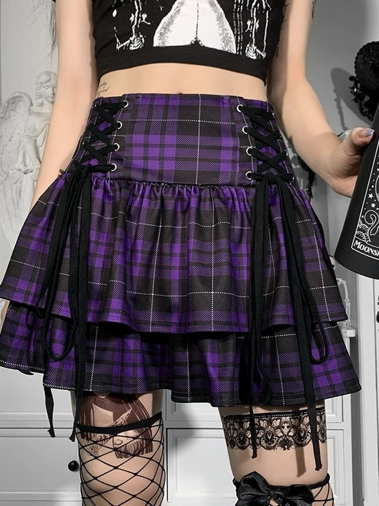 Vintage Y2K Punk Sexy minifaldas de cintura alta púrpura vendaje a cuadros falda estética Harajuku falda gótica Grunge pastel ropa de calle