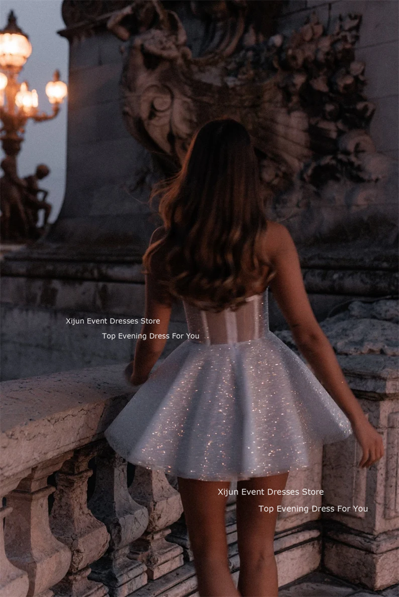 Xijun 반짝이 웨딩 드레스, 연인 민소매 무도회 드레스, 얇은 명주 그물 짧은 신부 가운, 신부 가운, 드 노비아
