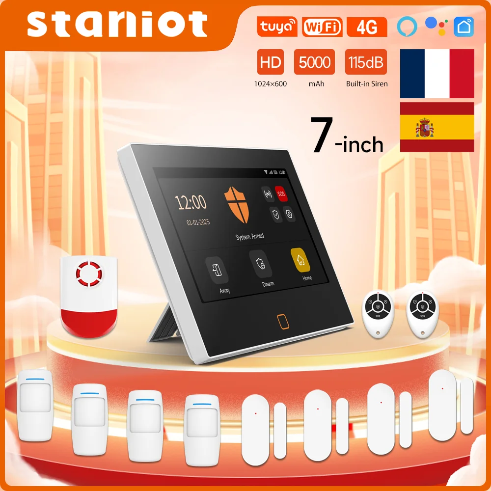 Staniot 7 inch alarmsysteem Draadloos WiFi 4G Tuya Smart Security Protection Kit Ingebouwde 115dB luider sirene 5000mAh batterij