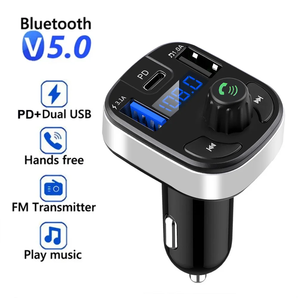 Transmisor FM Bluetooth 5,0 para coche, USB Dual PD tipo C, carga rápida, cargador de coche, micrófono Bluetooth, modulador FM manos libres para coche
