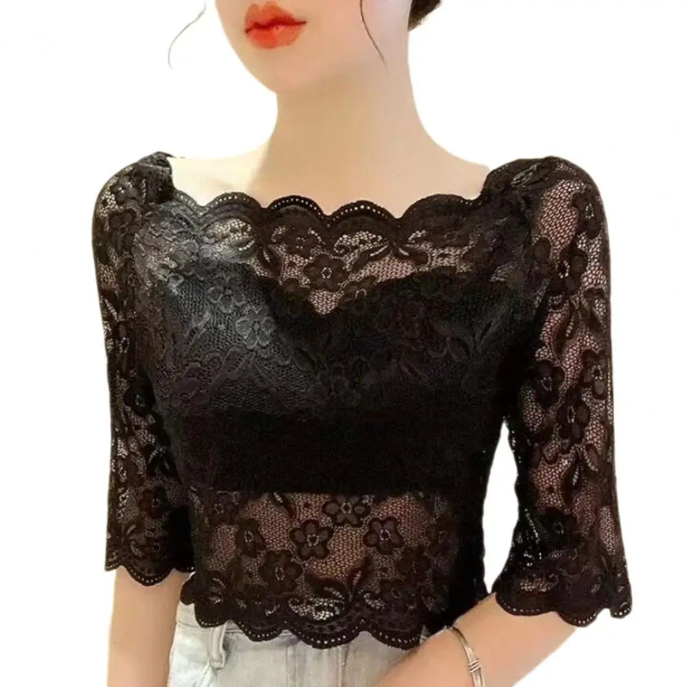 夏の花レースブラウス黒、白長袖トップセクシーな女性の Tシャツ透明クロップドトップス Tシャツトップススリムレディース Tシャツ