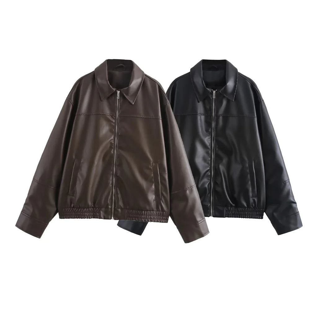 BM&MD&ZA2024 outono novas roupas femininas simples soltas moda casual all-match imitação de couro jaqueta piloto