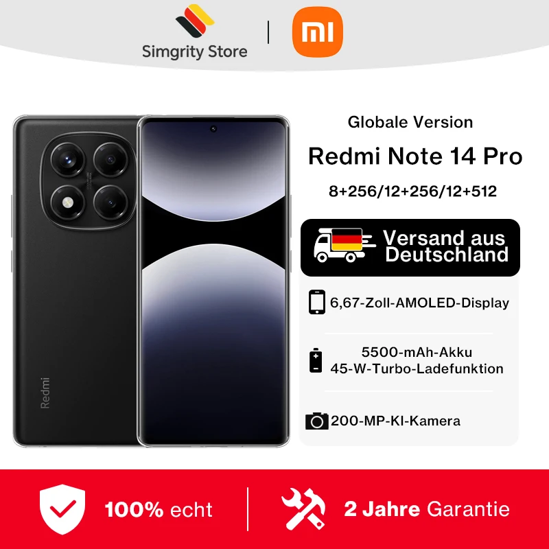 Xiaomi Redmi Note 14 Pro 4G Versione Europea 8+256GB MediaTek Helio G100-Ultra Display AMOLED da 6,67" 120Hz Fotocamera principale OIS da 200MP, Ricarica da 45W, Batteria da 5500 mAh, IP64, NFC