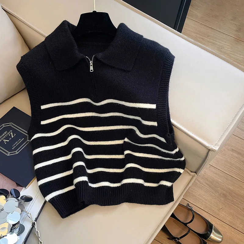 Chaleco de punto a rayas con cremallera de solapa Retro para mujer Otoño Invierno coreano nuevo prendas de vestir exteriores suéter sin mangas chaleco Jersey casual 