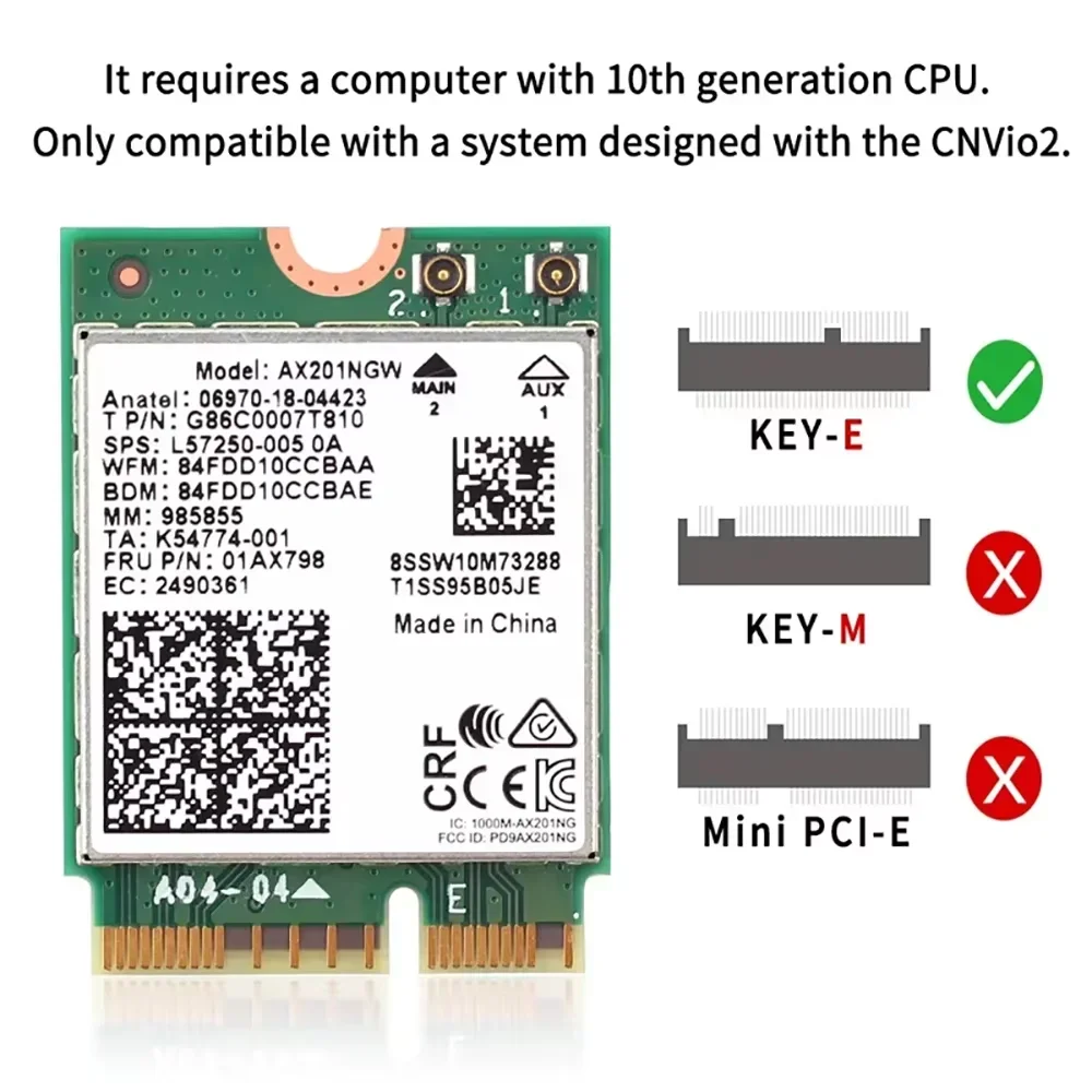 Двухдиапазонная беспроводная карта Bluetooth 5.1 AX201NGW 2,4 Гбит/с 802.11AX Беспроводной адаптер Wi-Fi 6 AX201 для NGFF M.2 CNVio2 WiFi-карты