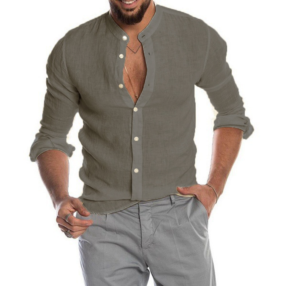 ผ้าฝ้ายลินินขายร้อนเสื้อแขนยาวผู้ชายฤดูร้อนสีทึบ Stand-Up COLLAR Casual Beach สไตล์ PLUS ขนาด