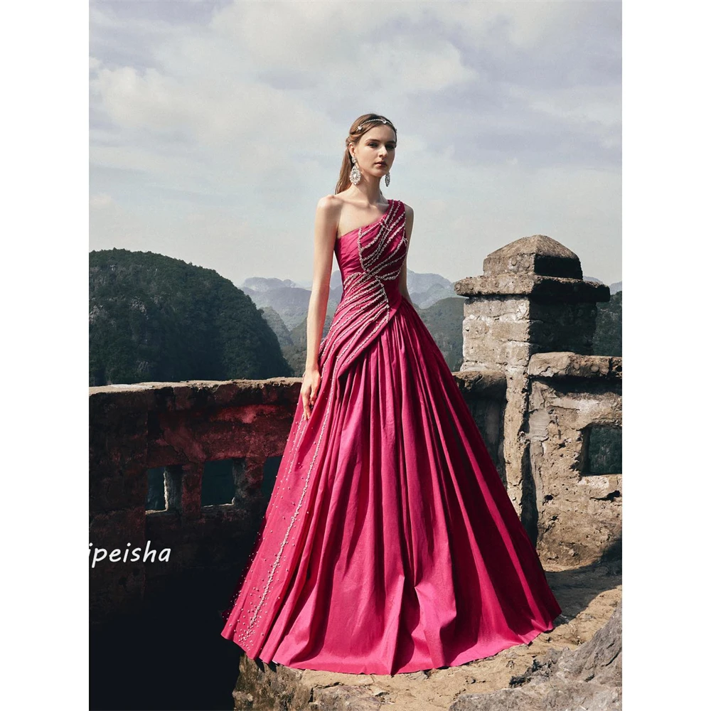 Customized Jersey Sequined Beading Ruched Clubbing A-line One-shoulder Bespoke Occasion Gown Long Dresses