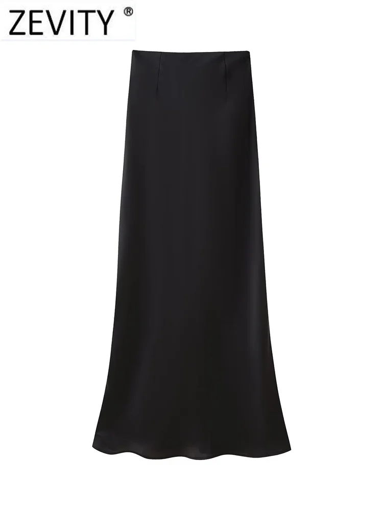Zevity-Falda larga de satén suave para Mujer, Color negro, A la moda, con cremallera trasera, hasta el tobillo, QUN294, 2024