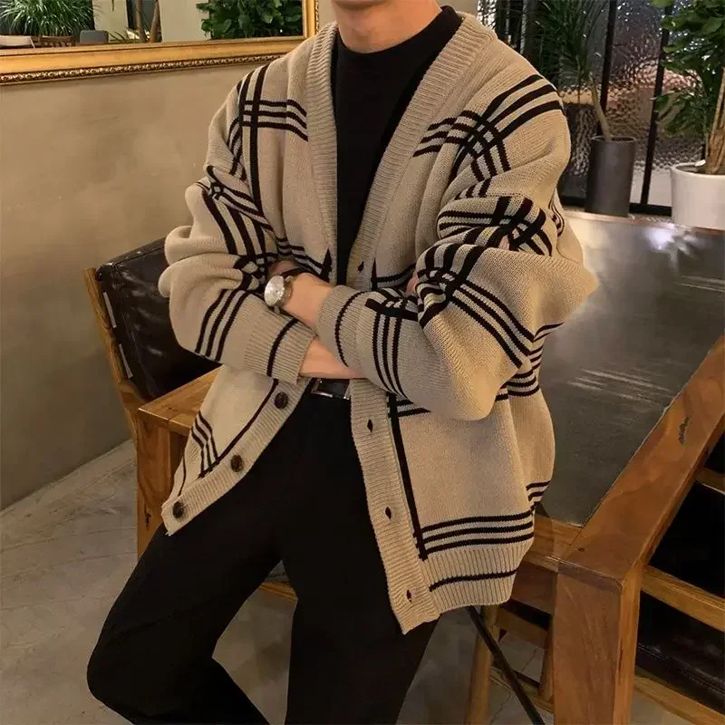 Herren bekleidung Strickjacke Jacke V-Ausschnitt Mantel Strick pullover männlich kariert elegant lässig Langarm 100% koreanisch 2024 Herbst Klassiker a