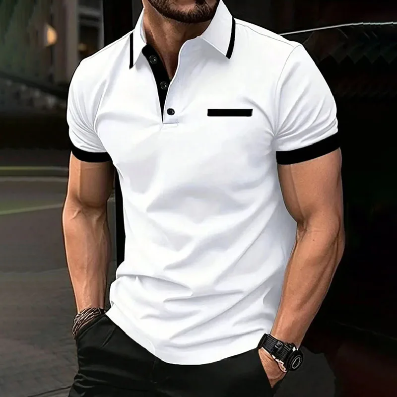 Ropa de primavera y verano para hombre, Polo de manga corta con cuello vuelto, Polo informal de negocios con estampado de bolsillo falso, Tops resistentes