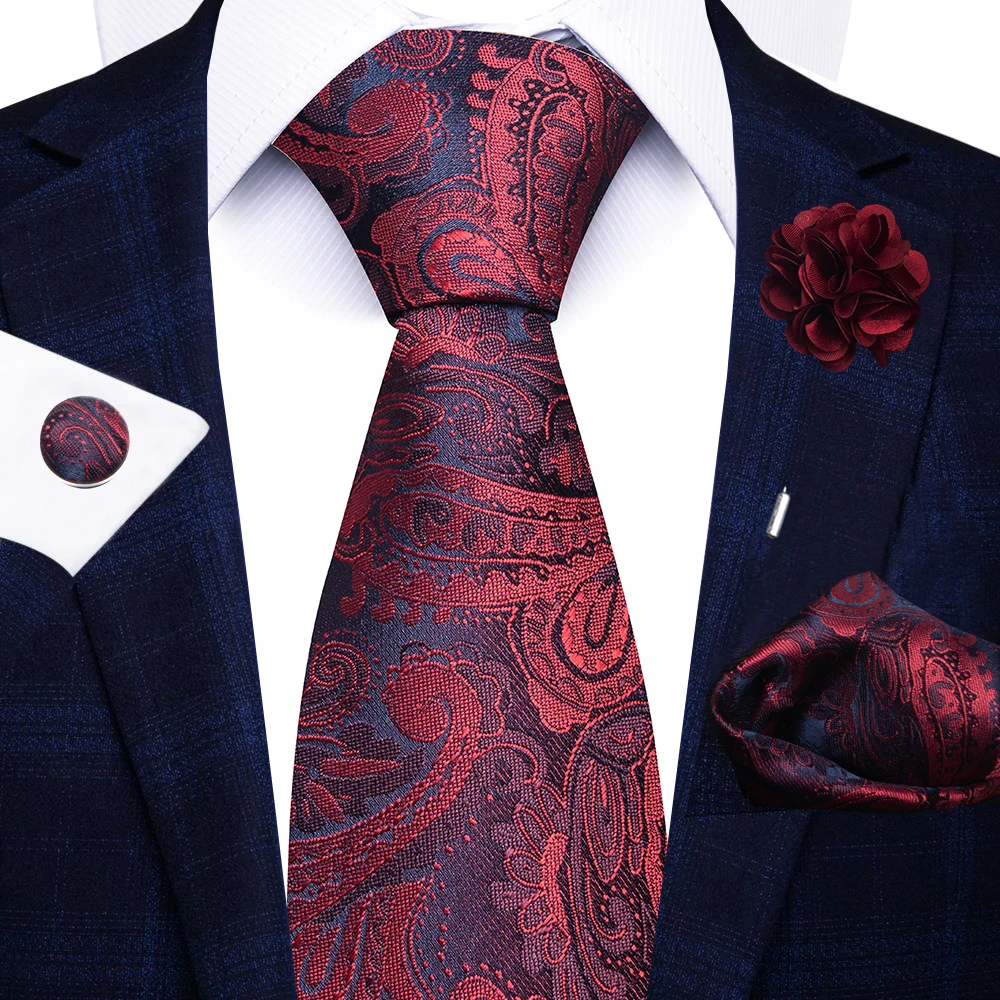 Nuevo estilo 8 cm rojo Paisley corbata pañuelo gemelos Pin Set para hombres corbata accesorios de ropa boda Gravatas ajuste fiesta