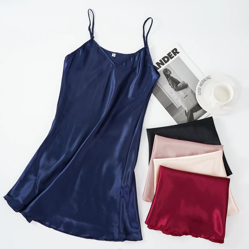 Vestido de noite de cetim de seda sexy feminino sem mangas camisola com decote em v camisola plus size pijamas