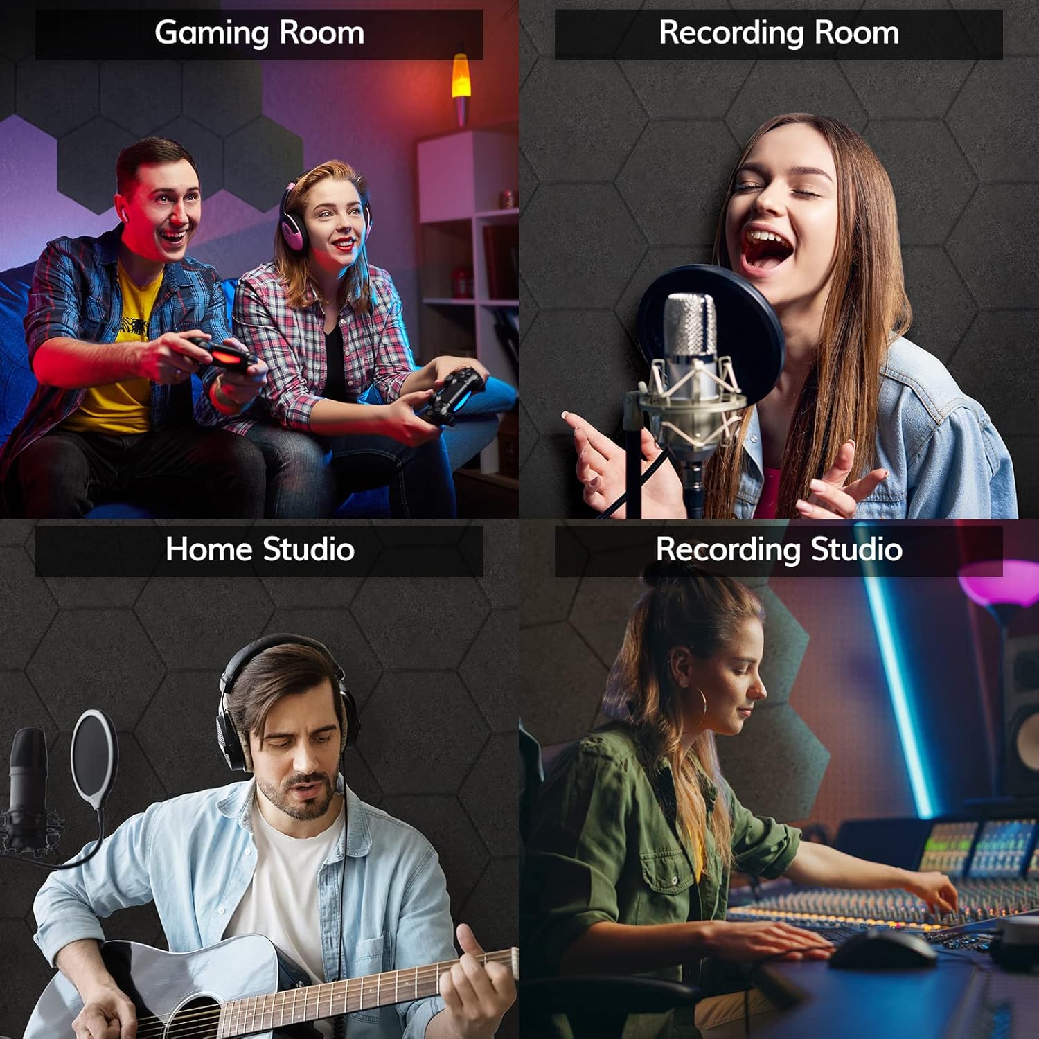 Espuma Acústica Pack 12 Paneles, Paneles Acústicos Hexagonales con Respaldo Adhesivo, Insonorización Acustica Pared y Decoración