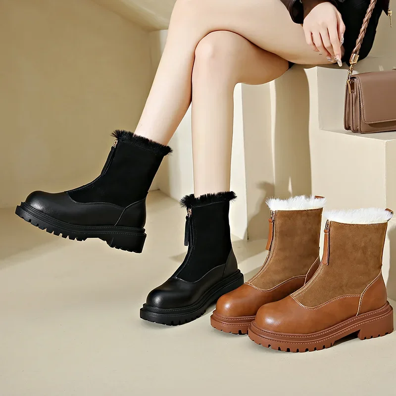 Sepatu Bot Pergelangan Kaki Kulit Pu Hangat Bersol Tebal Antik 2025 untuk Wanita Sepatu Bot Anti Selip Mode Musim Dingin Wanita Platform Katun Berenda Mewah