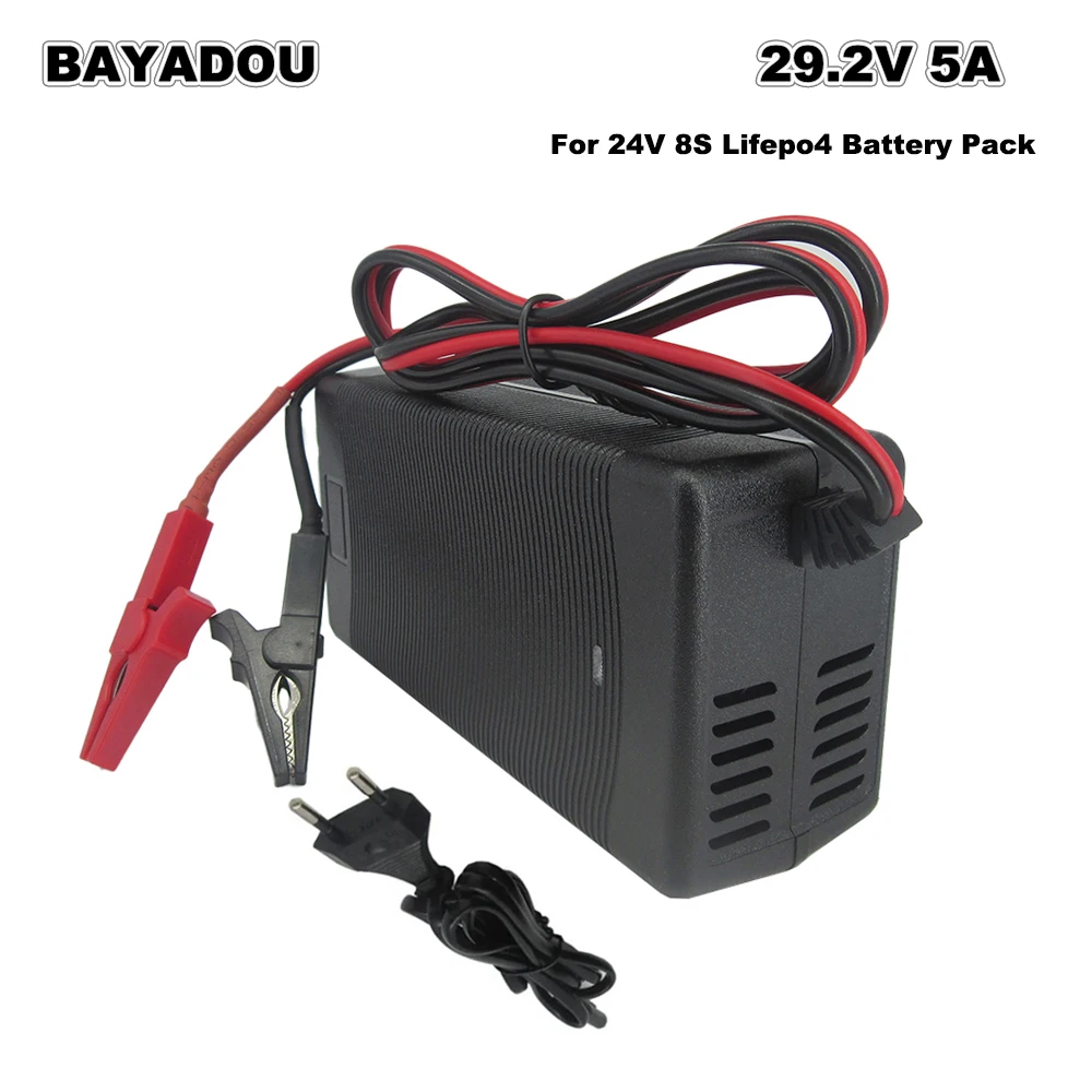 Pengisi Daya Cepat Lifepo4 29.2V 5A Untuk Sistem Penyimpanan Energi 8S 24V RV Baterai Sistem Surya Fosfat Besi Port Klip Buaya
