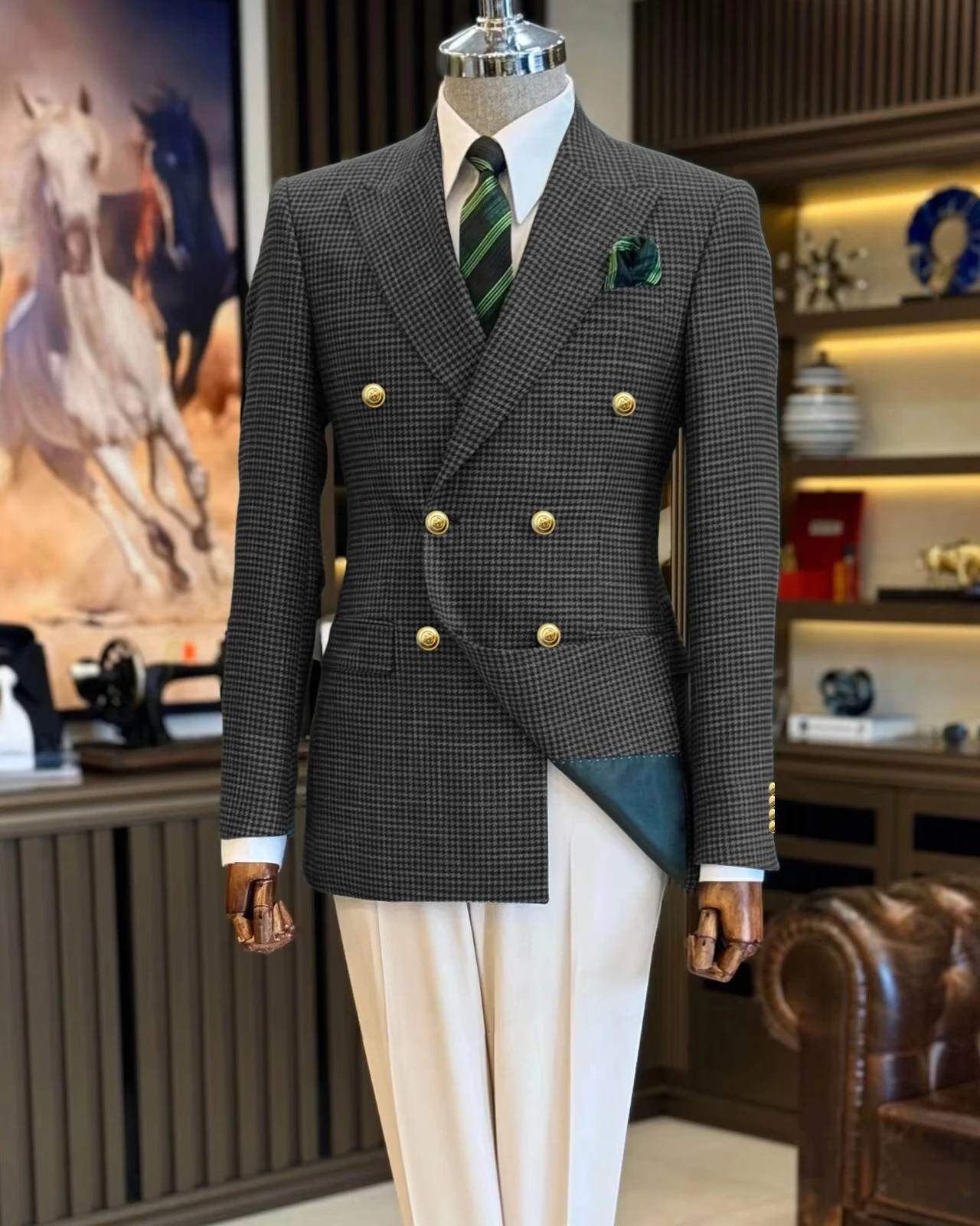 Blazer masculino terno azul marinho houndstooth pico lapela duplo breasted negócios fino ajuste grade homem ternos jaqueta formal festa smoking