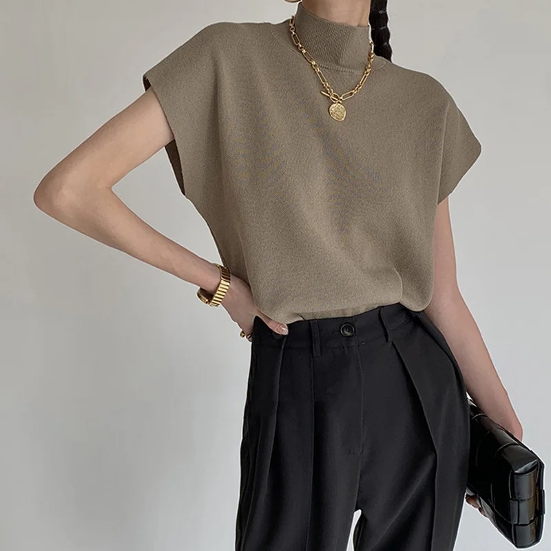 Camisa de colete da moda, gola semi alta de cor sólida, colete de malha de ombro, camiseta feminina, top reto completo solto e elegante