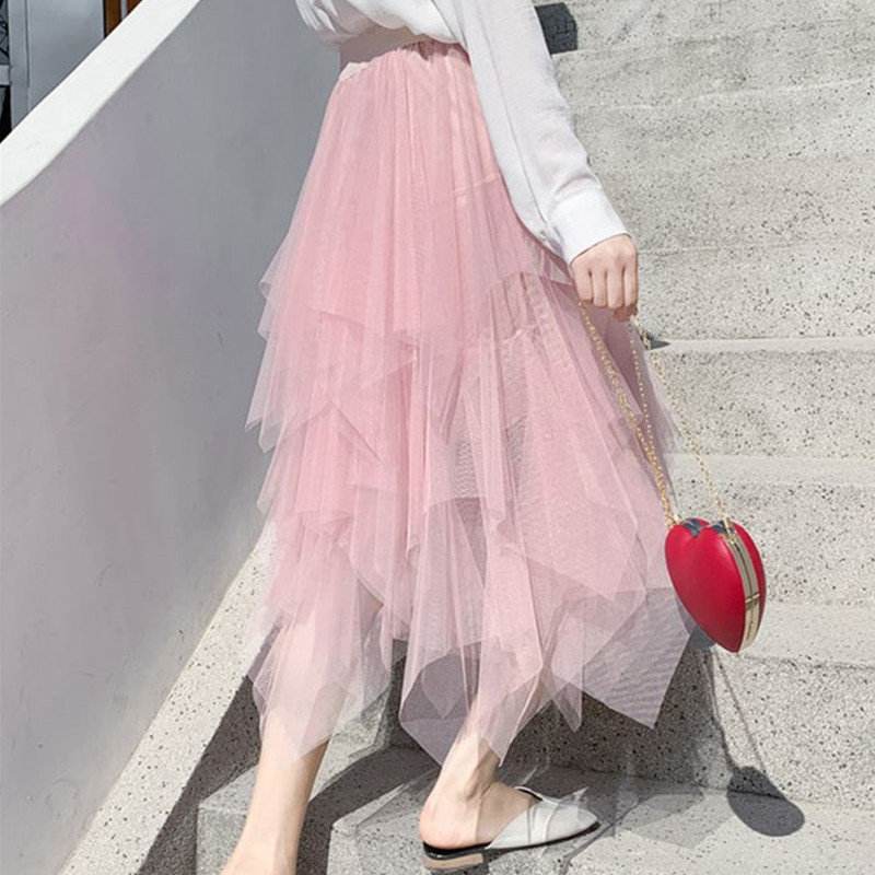 Sommer Unregelmäßigen Spitze Mesh Rock Frauen Hohe Taille Unterrock Ballett Unregelmäßigen Rock Lang Midi Röcke Mesh Plissee Rock